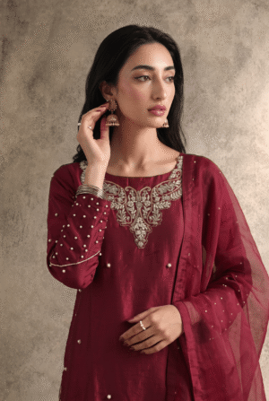 Mahira – Maroon Embroidered Raw Silk Suit