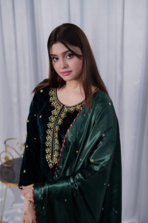 Luxury Green Velvet Dress with Handcrafted Golden Embroidery